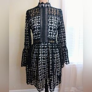 Eilly Bazar Mesh Insert Mock Neck Flounce Sleeve Lace Dress